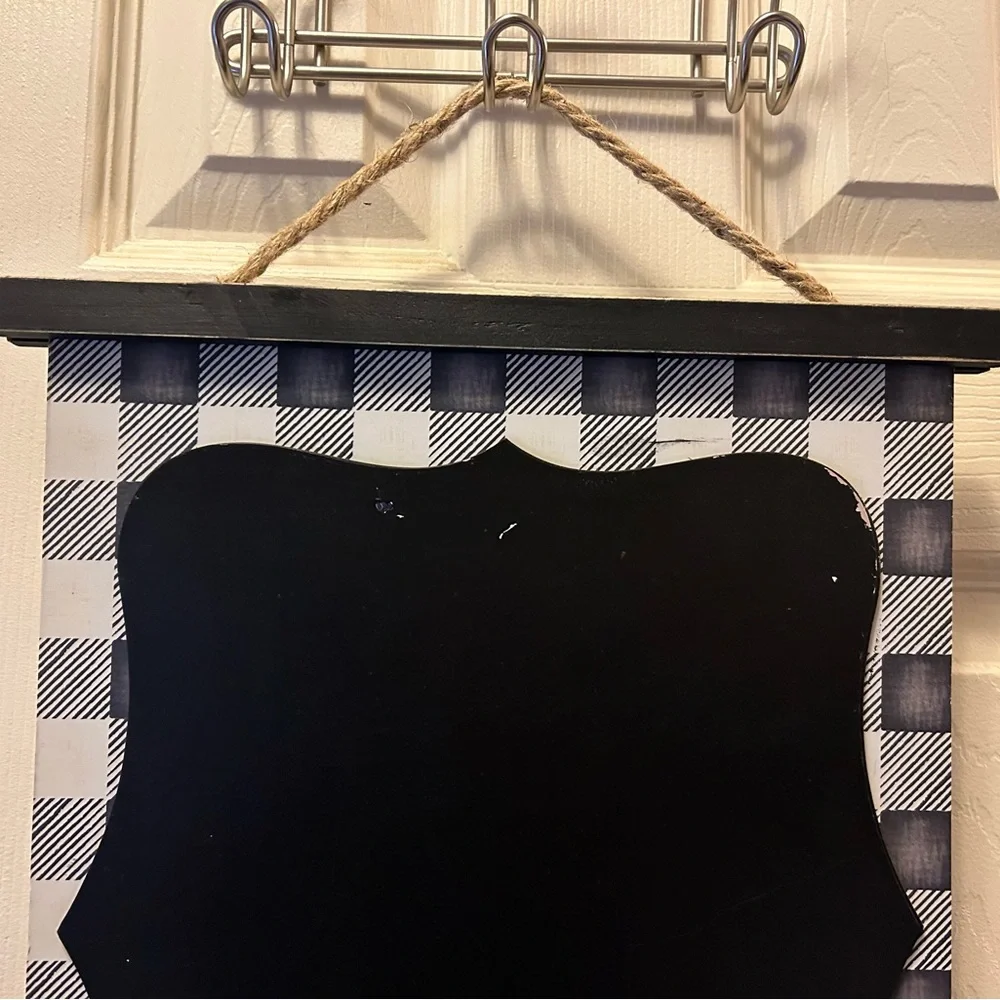 Hanging Chalkboard Message Sign Black & White Checkered Wooden Buffalo Plaid